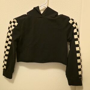 Girl's Checkered Long Sleeve Black And White Hooded Crop Top